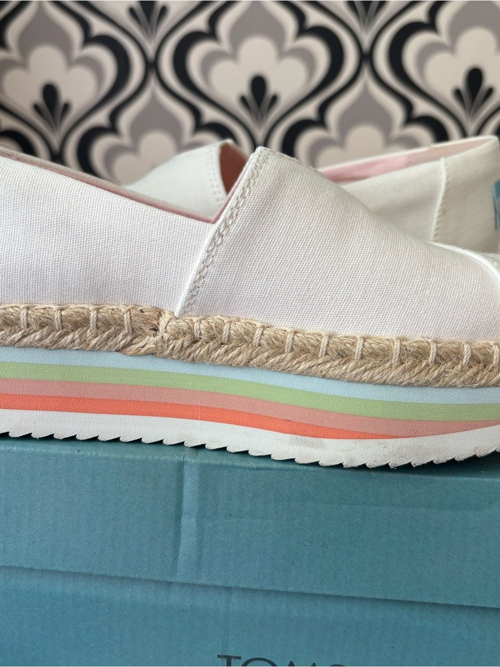 TOMS White Canvas Alpargata Platform with Pastel Rainbow Stripes - Size 6